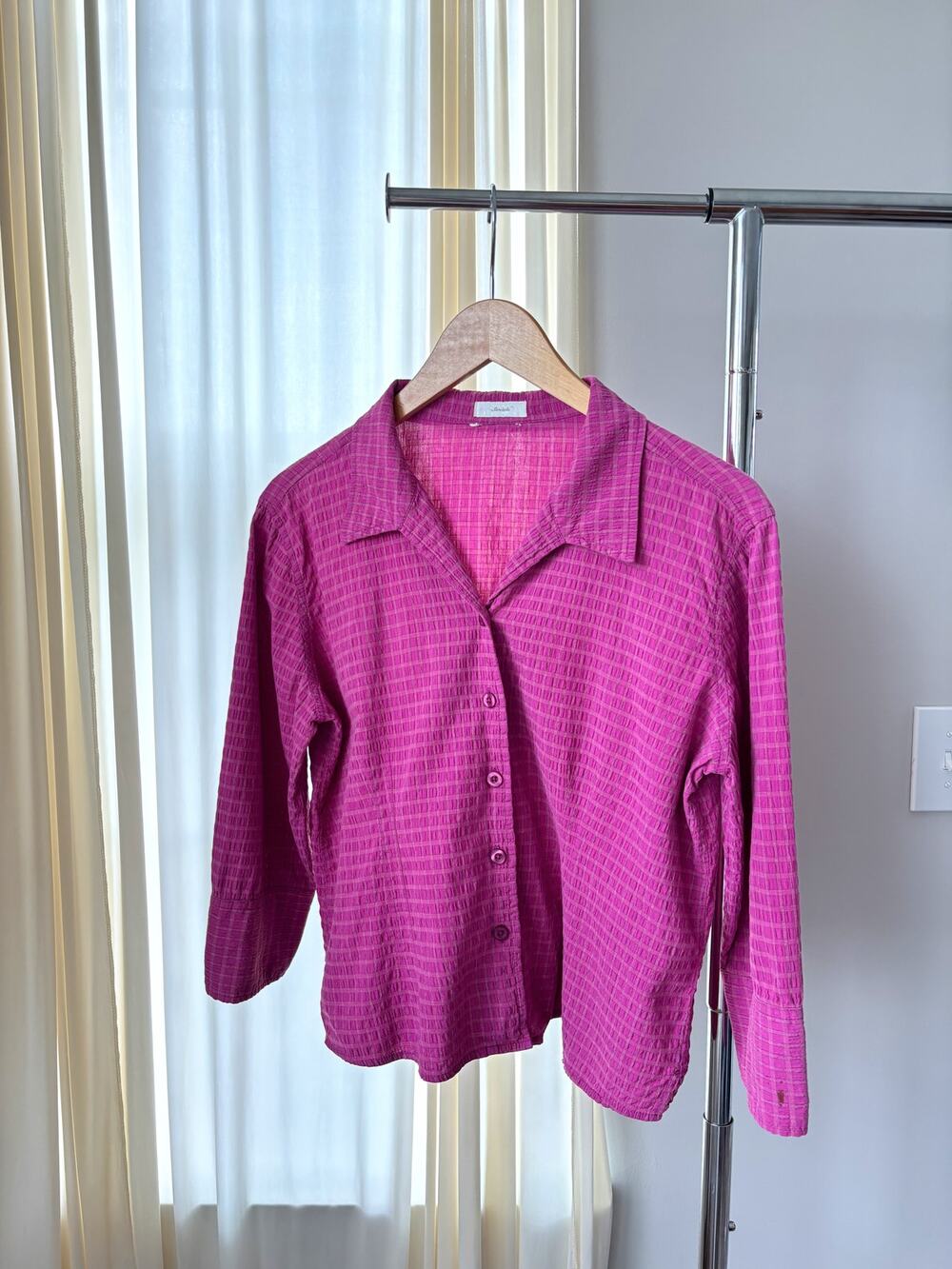 Vintage Christopher Banks Blouse M Pink Plisse Checkered Button Y2K Office Siren